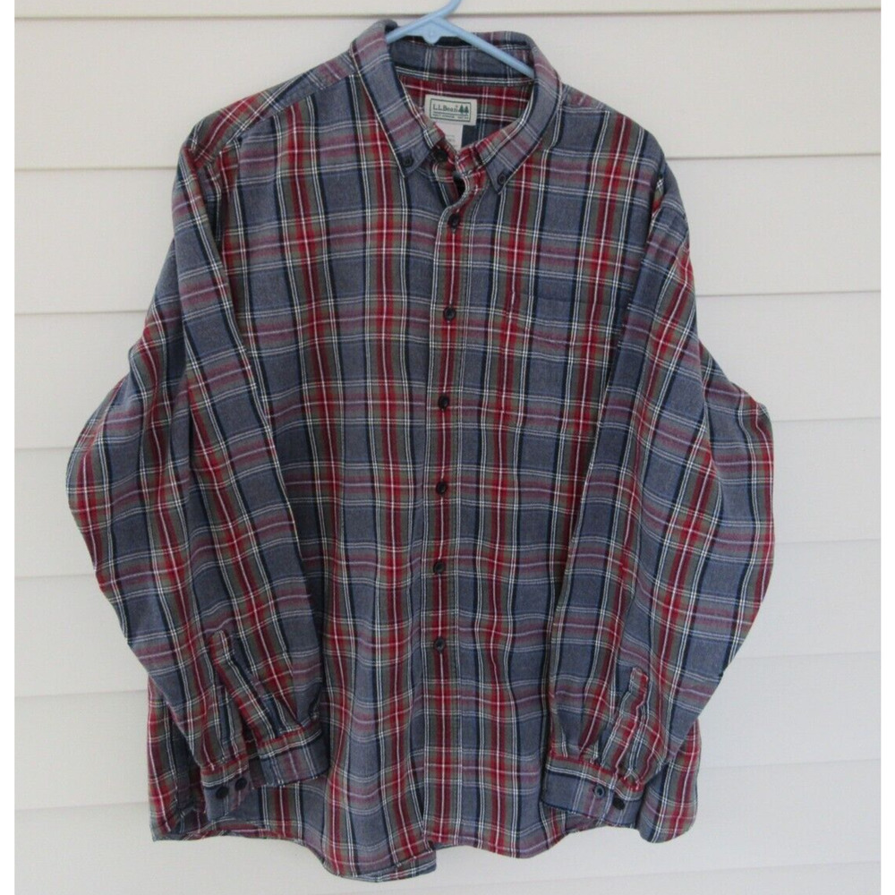 LL Bean Mens Button Down Flannel Cotton Shirt w/Front PocketPlaid Gray Red M/ XL